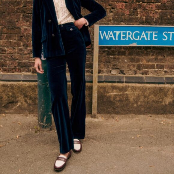 Sezane Velvet Pants Florentino Trousers Wide Leg Navy Size 12 XXL 44 - Picture 1 of 12